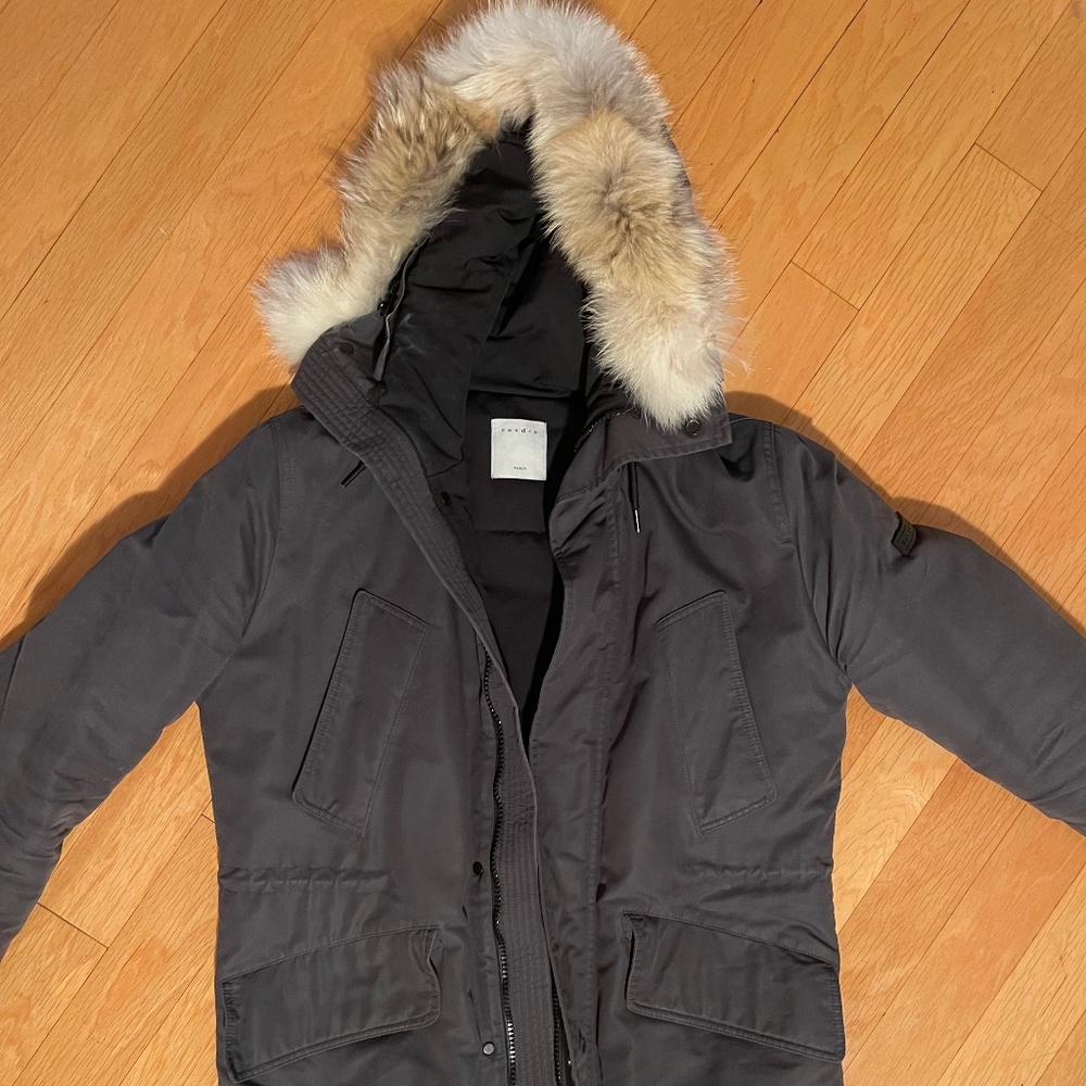 Sandro Down Puffer Jacket with Fur Collar (Men’s, Charcoal, Size S)